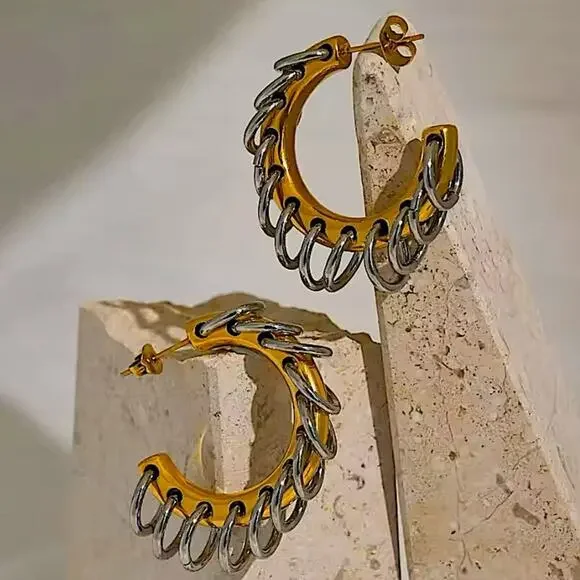 Gold Chain Hoop Punk Earrings Two Tone Retro Y2K - Picture 4 of 6